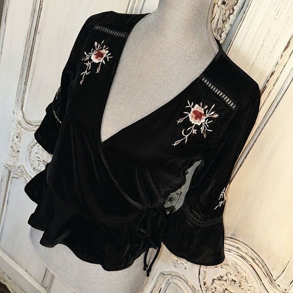 Topshop Gothic Fairycore Victorian Edwardian Black Velvet Embroidered Wrap Top - Picture 3 of 12